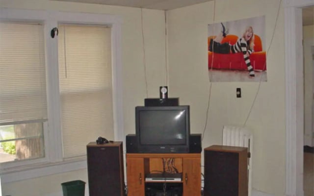 TV speakers poster and windows living room at Copper Country Rentals in Houghton Student Accommodation