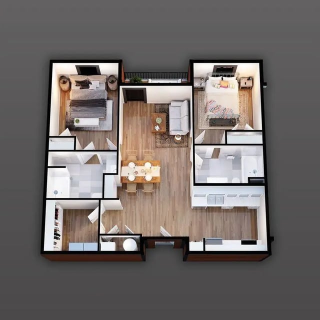 Two bedrooms living room dining room kitchen floor plan at 707 Baytree Apartments in Valdosta Student Accommodation