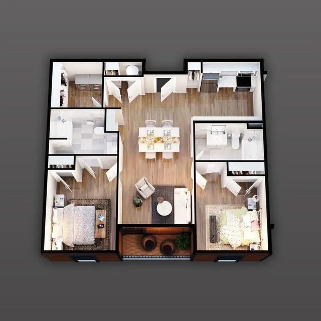 Two bedrooms living dining kitchen bathrooms floor plan at 707 Baytree Apartments in Valdosta Student Accommodation