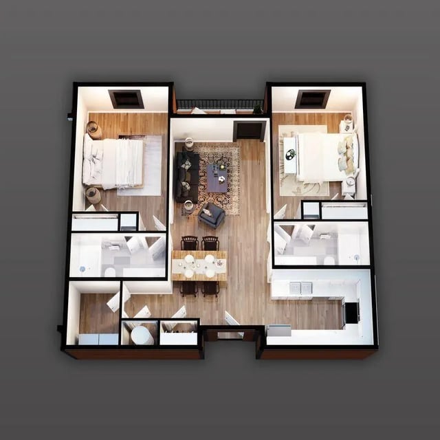 Two bedrooms living room kitchen and bathrooms Floor plan at 707 Baytree Apartments in Valdosta Student Accommodation