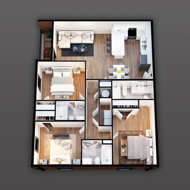 Bedrooms bathrooms kitchen living room and balcony floor plan at 707 Baytree Apartments in Valdosta Student Accommodation