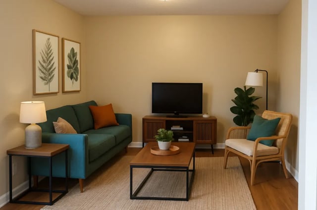 Green sofa television plant wicker chair living room at City Lofts Apartments in Williamsburg Student Accommodation