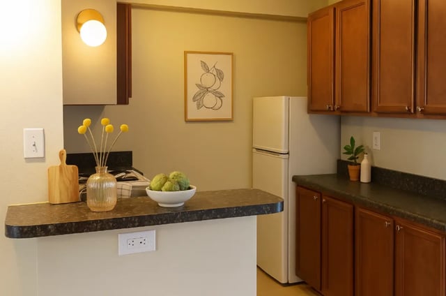 Counter with fruit vase cutting board refrigerator kitchen at City Lofts Apartments in Williamsburg Student Accommodation