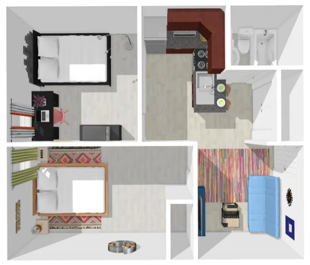 Two beds desk kitchen bathroom living area floor plan at City Lofts Apartments in Williamsburg Student Accommodation