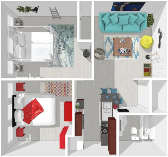 Bed with red blanket and vanity living room kitchen bathroom exterior at City Lofts Apartments in Williamsburg Student Accommodation