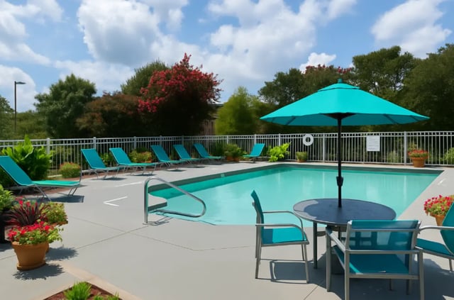 Pool chairs umbrella table chairs pool area at City Lofts Apartments in Williamsburg Student Accommodation