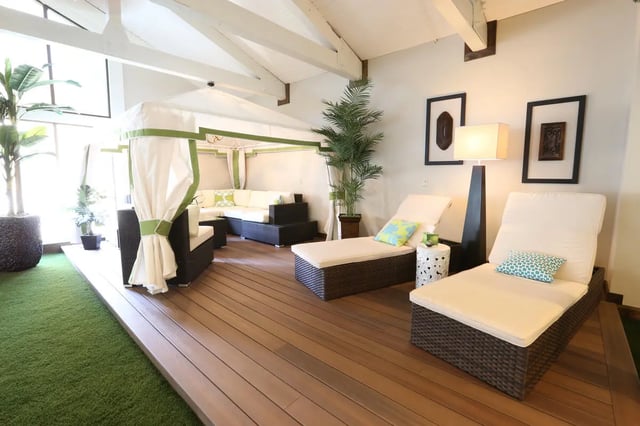 Outdoor lounge furniture with canopy and plants living room at Collegiate Communities in West Lafayette Student Accommodation