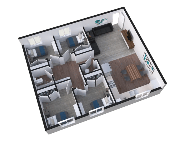 Multiple bedrooms living area kitchen and dining at Bridgerland Apartments in Logan Student Accommodation