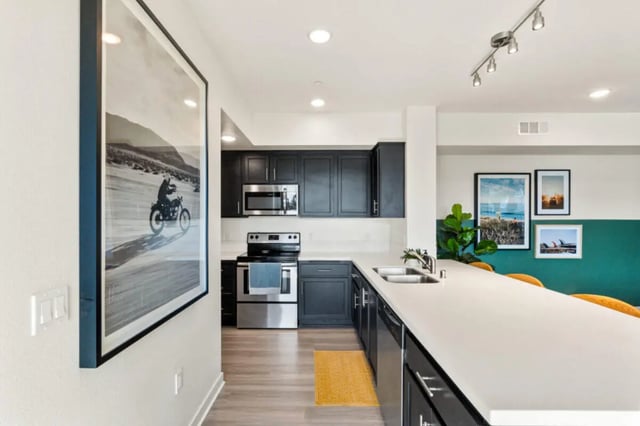 Modern kitchen with dark cabinets stainless steel appliances kitchen at Ascent at Campus of Life in San Diego Student Accommodation