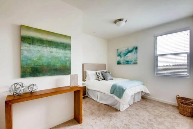Bed art table spheres and basket bedroom at Ascent at Campus of Life in San Diego Student Accommodation