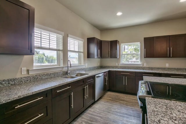 Dark cabinets granite counters stainless steel dishwasher kitchen at Ashburn Hills Townhomes in Tallahassee Student Accommodation
