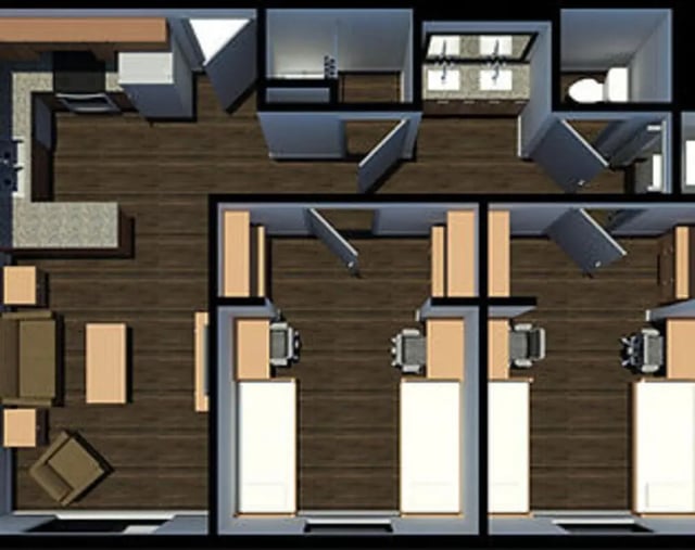 Living area kitchen bedrooms bathrooms apartment floor plan at Campus Lake Apartments
