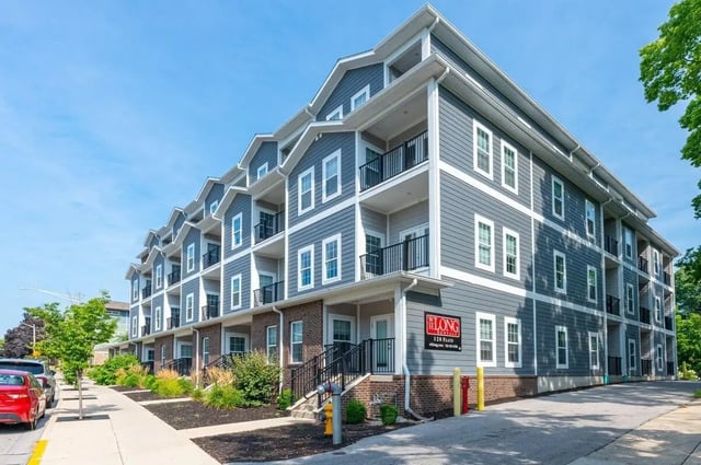 Modern grey apartments with balconies exterior at 120 Flats in West Lafayette Student Accommodation