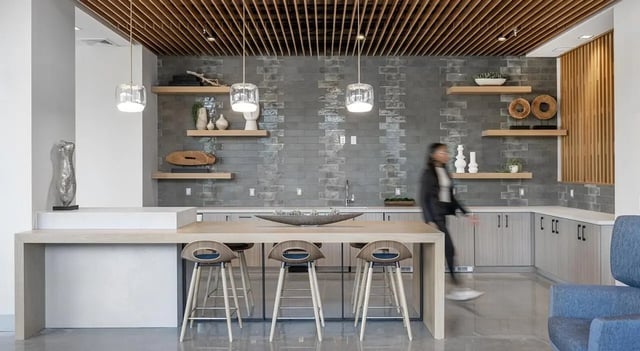 Modern kitchen with island stools and cabinets kitchen at 525 Linc in Boston Student Accommodation