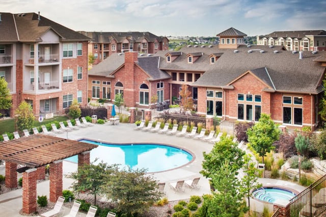 Pool and hot tub area exterior at Broadmoor Hills in Omaha Student Accommodation