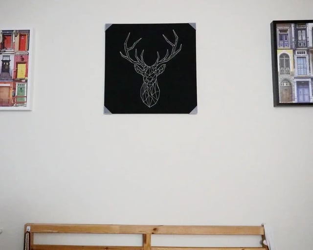 Decorated wall with artwork above wooden bed frame bedroom at City Park Apartments in Los Angeles Student Accommodation