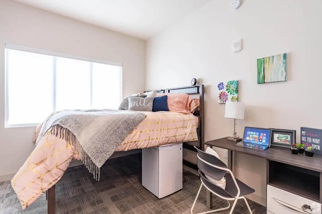 Bed desk chair mini fridge artwork bedroom at UnionWest Student Living in Orlando Student Accommodation
