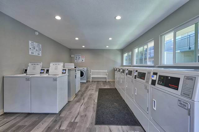 Washers dryers white bench windows laundry room at The Spoke in Davis Student Accommodation