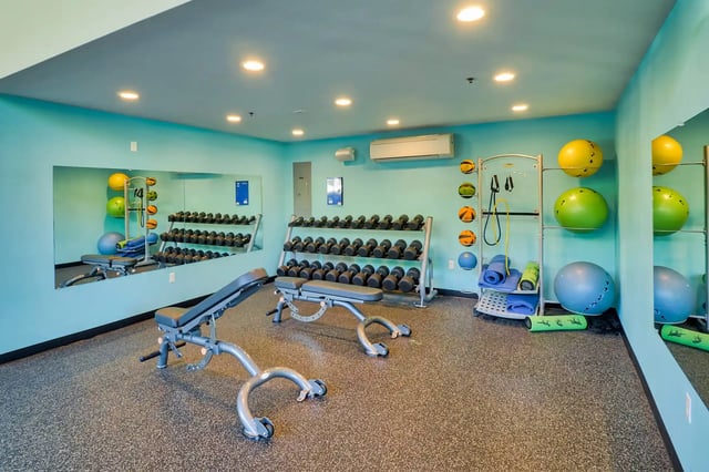 Dumbbell racks exercise benches and stability balls gym area at The Soto in Eugene Student Accommodation