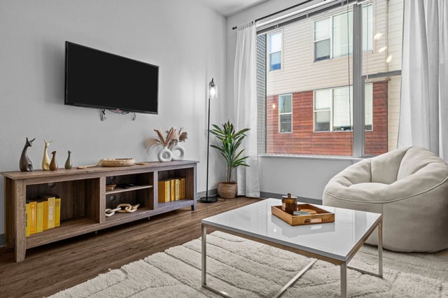 TV beanbag coffee table console living room at The Soto in Eugene Student Accommodation