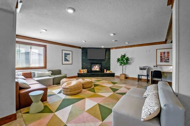 Sofa fireplace TV patterned rug living room at The Grove at Mankato in Mankato Student Accommodation