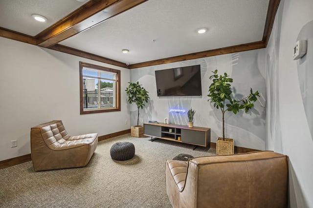 Leather chairs tv and plants living room at The Grove at Mankato in Mankato Student Accommodation