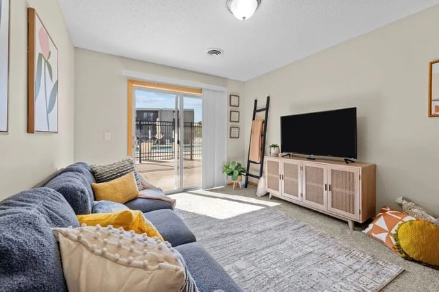 Sofa television rug and artwork living room at The Grove at Mankato in Mankato Student Accommodation