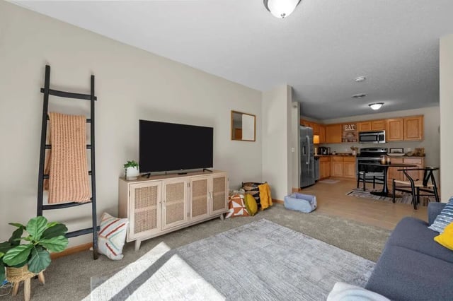 Living area with TV kitchen and sofa living area at The Grove at Mankato in Mankato Student Accommodation