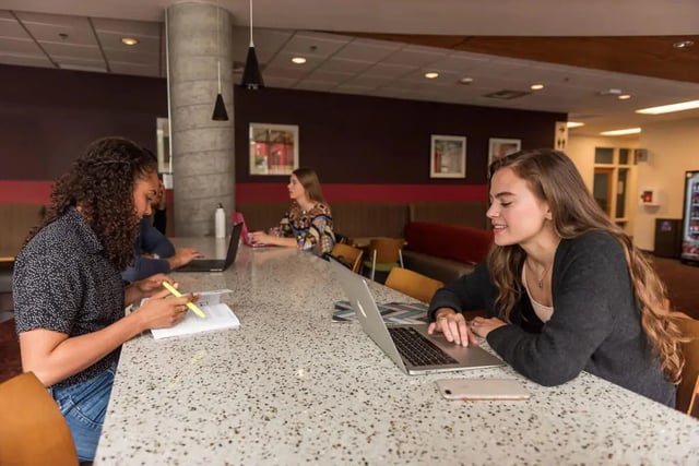 Students study laptops on a counter lounge area at The Douglas - Student Housing Apartments in Seattle Student Accommodation