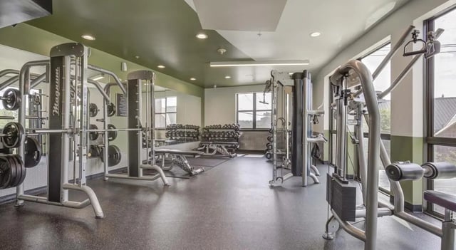 Weight machines dumbbells and benches gym at The Varsity College Park in College Park Student Accommodation