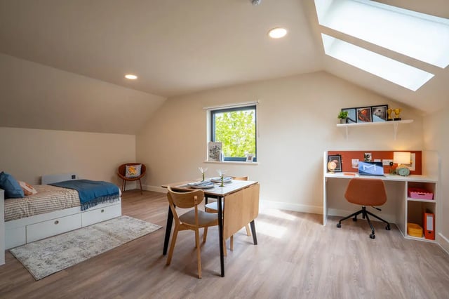 Bed desk table and chairs student accommodation bedroom at Valerian in York Student Accommodation
