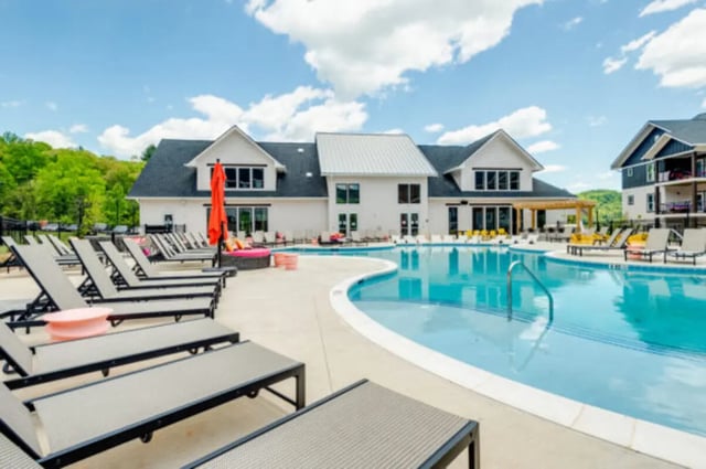 Loungers pool buildings resort exterior at The Husk and The Helm in Cullowhee Student Accommodation