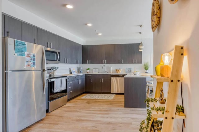 Stainless steel appliances dark cabinets modern kitchen kitchen at Stateside in Bellingham Student Accommodation