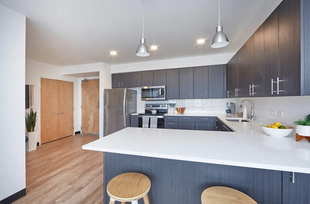 Modern kitchen with stainless steel appliances and cabinets kitchen at Stateside in Bellingham Student Accommodation