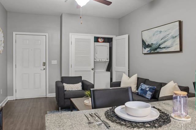 Living room with couch stacked washer dryer and door at Remerton Mill Apartments in Valdosta Student Accommodation