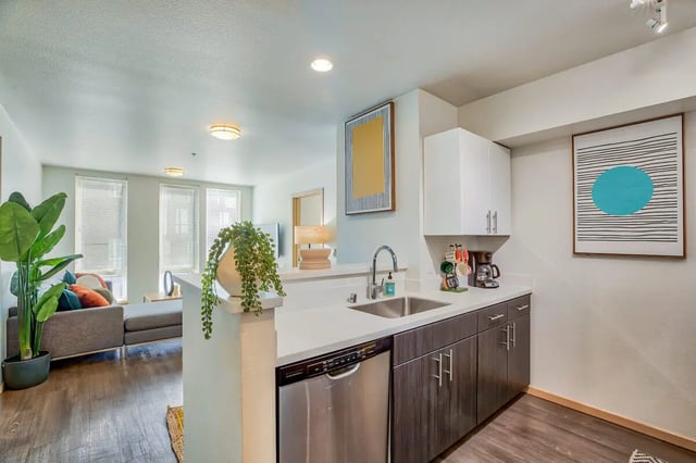 Modern kitchen with appliances, sink, and cabinets kitchen at NOLAN Apartments in Seattle Student Accommodation