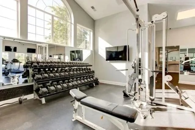 Dumbbell rack weight bench cable machine gym at Stadium Suites in Columbia Student Accommodation