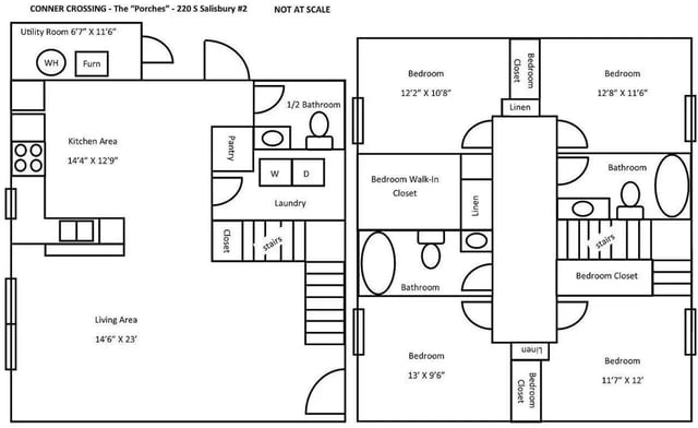 Floor plan with kitchen living area bedrooms bathrooms floor plan at Conner Crossing Apartments -"The Porches" in West Lafayette Student Accommodation