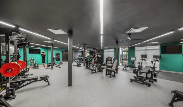 Weight racks and exercise machines gym at Aspen Heights Bloomington in Bloomington Student Accommodation