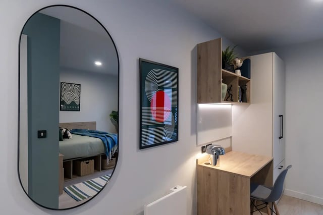 Bed study area with desk and wardrobe bedroom at Queen Street Place in Galway Student Accommodation