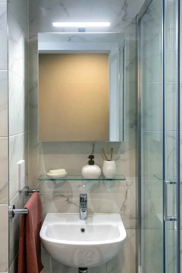 Sink soap dispenser toothbrushes towel holder bathroom at Queen Street Place in Galway Student Accommodation