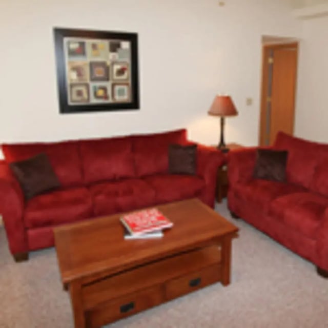 Red sofas coffee table picture living room at Aspen Court Apartments in Macomb Student Accommodation