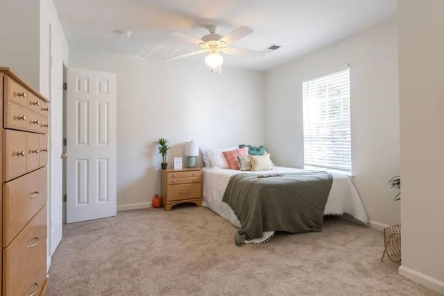 Bedroom with dresser bed nightstand and window bedroom at Belmont Landing in Farmville Student Accommodation