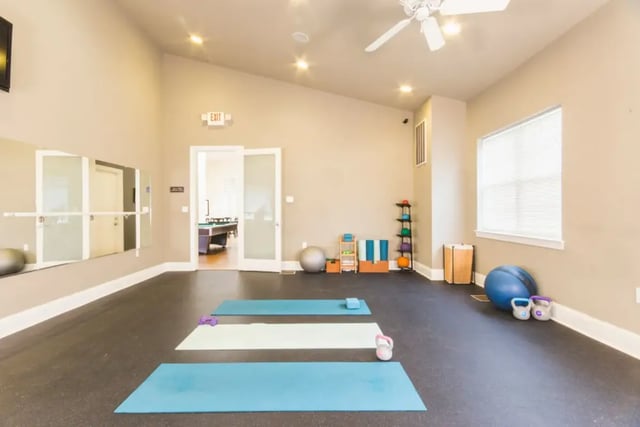 Yoga mats weights exercise balls gym area at Belmont Landing in Farmville Student Accommodation