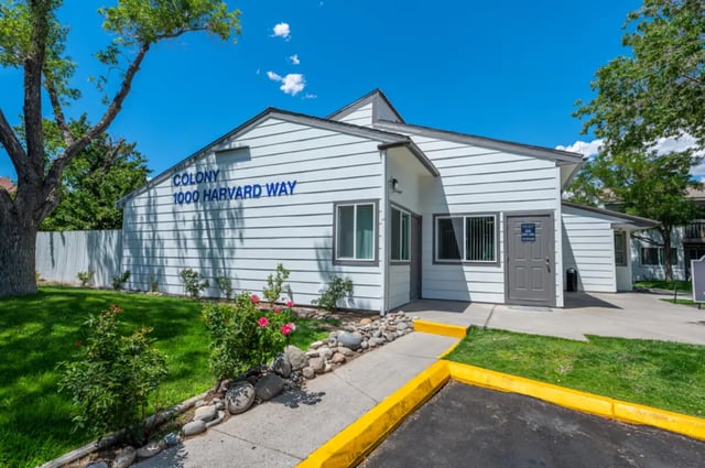 White building Colony 1000 Harvard Way exterior at Colony Studios and Apartments in Reno Student Accommodation