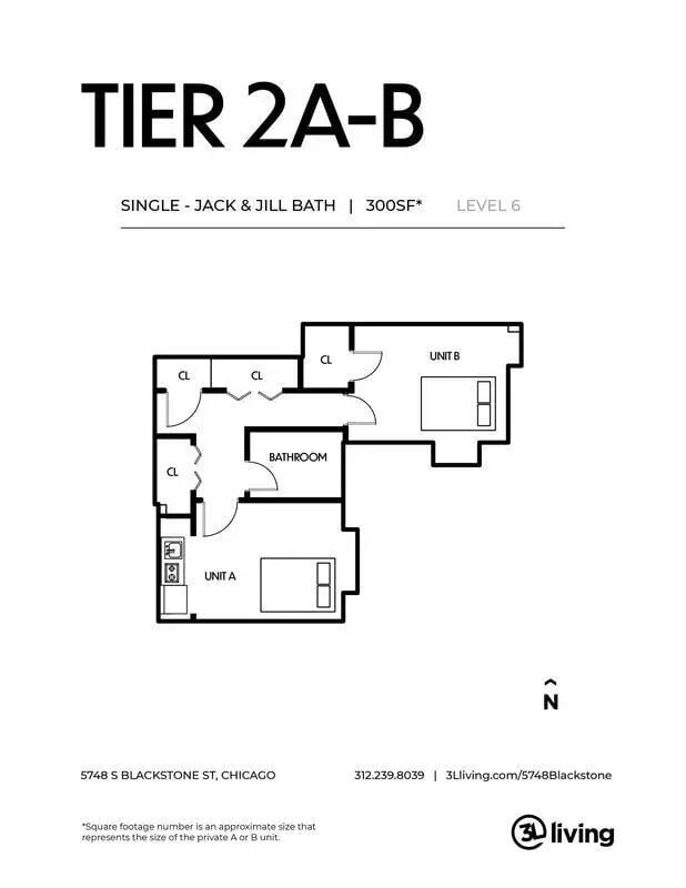Floor plan with two units bathroom and closets floor plan at 5748 Blackstone by 3L Living in Chicago Student Accommodation
