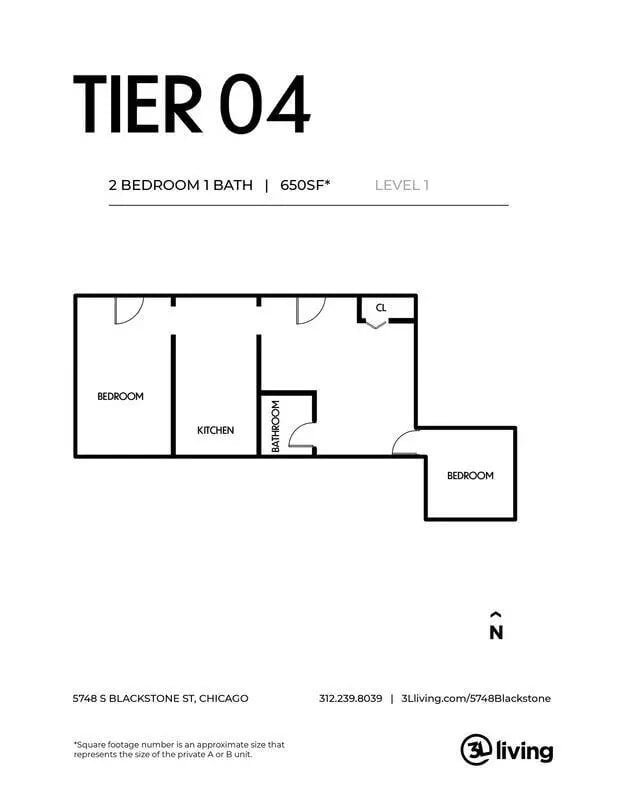 Two bedrooms kitchen bathroom floor plan at 5748 Blackstone by 3L Living in Chicago Student Accommodation