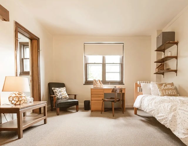Bed desk chair lamp side table bedroom at 5748 Blackstone by 3L Living in Chicago Student Accommodation