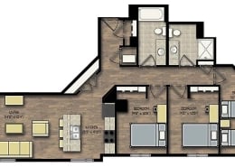Floor plan with living area kitchen two bedrooms bathroom floor plan at City View Apartments in Madison Student Accommodation