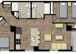 Floor plan two bedrooms kitchen living area bathroom exterior at City View Apartments in Madison Student Accommodation